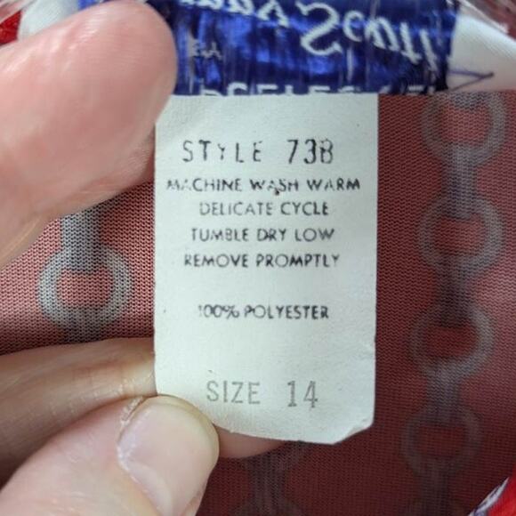 Vtg Sunny South Shirt Womens Medium Red Chain Print Long Sleeve Button Belted - Picture 8 of 8